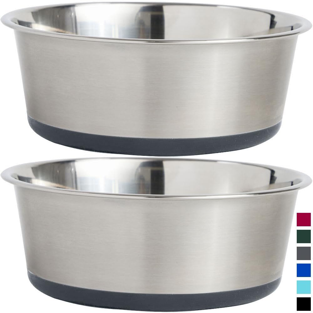 GORILLA GRIP Set of 2 Dog Bowls, Holds 6 Cups (48 fl oz), Heavy Duty Metal Food and Water Bowl for Feeding Dogs and Cats, Dishwa