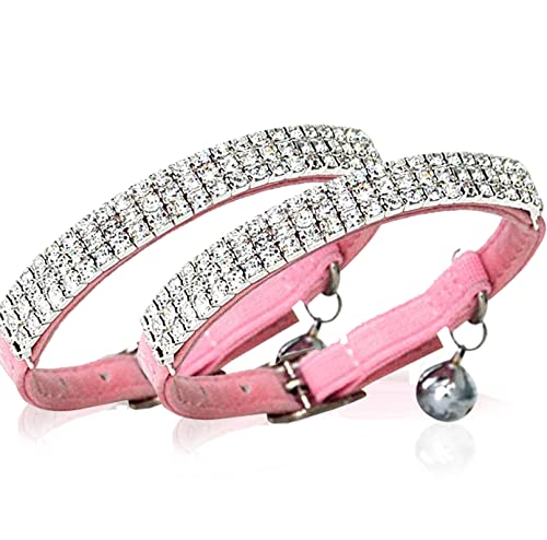 Chukchi Soft Velvet Safe Cat Adjustable Collar Bling Diamante With Bells,11 Inch For Small Dogs And Cats (Pink- 2 Pack)