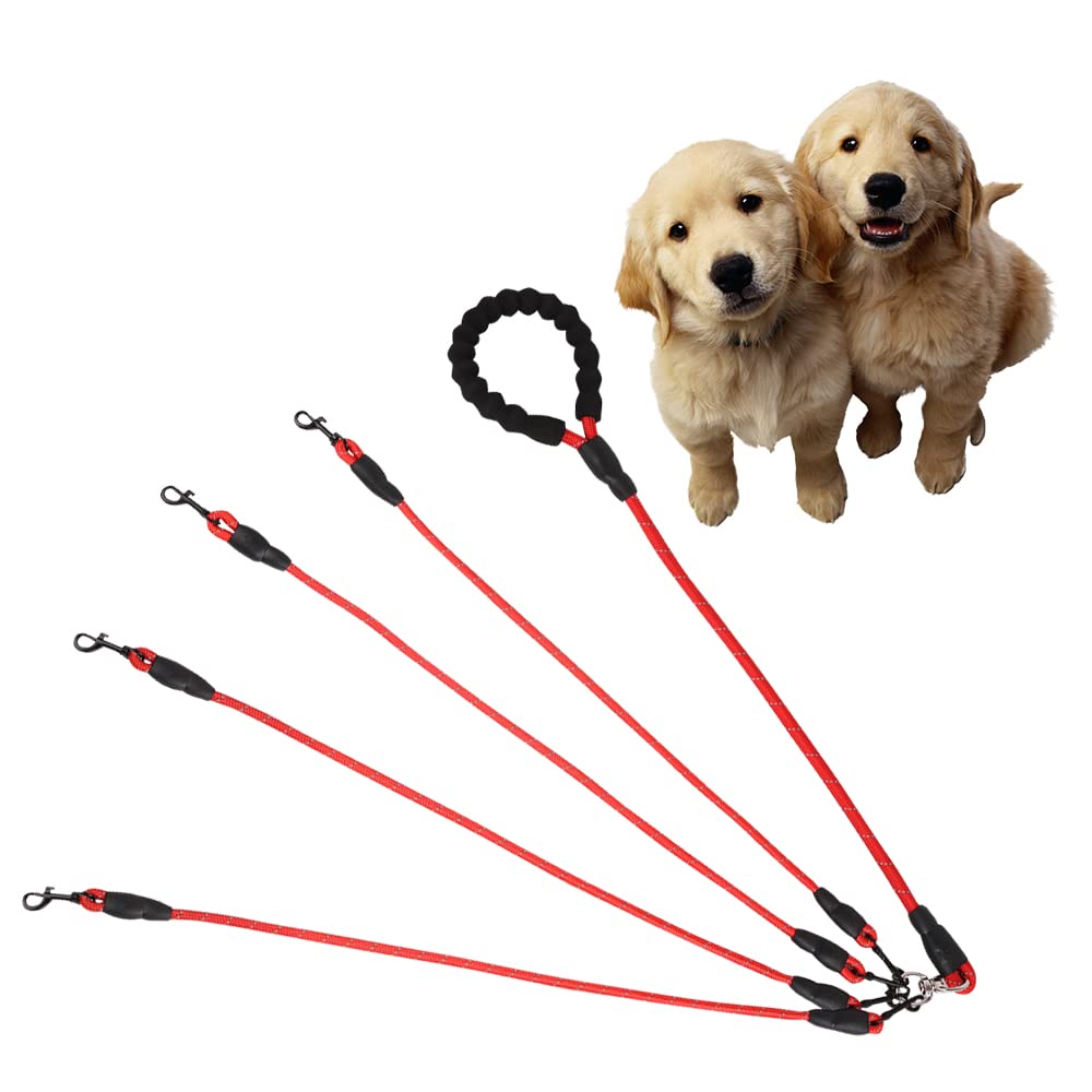 Four Dog Training Leash - Comfortable Double Leash With Reflective, 360 Swivel No Tangle For Large Medium Small Dogs (Red, Four 