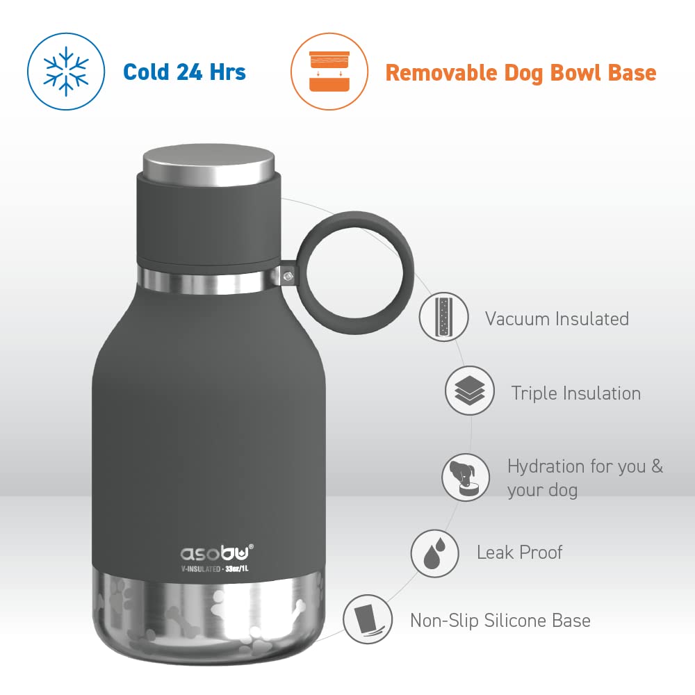 Asobu Dog Bowl Attached To Stainless Steel Insulated Travel Bottle For Human 37Oz/1.1 Liter With Detachable Dog Bowl (Smoke)