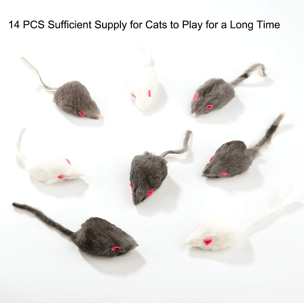 Yangbaga Fur Mice Rattle 14 Pack, Cat Toys Rainbow Mice For Cats And Kittens (14 Pcs Blk&Wht)