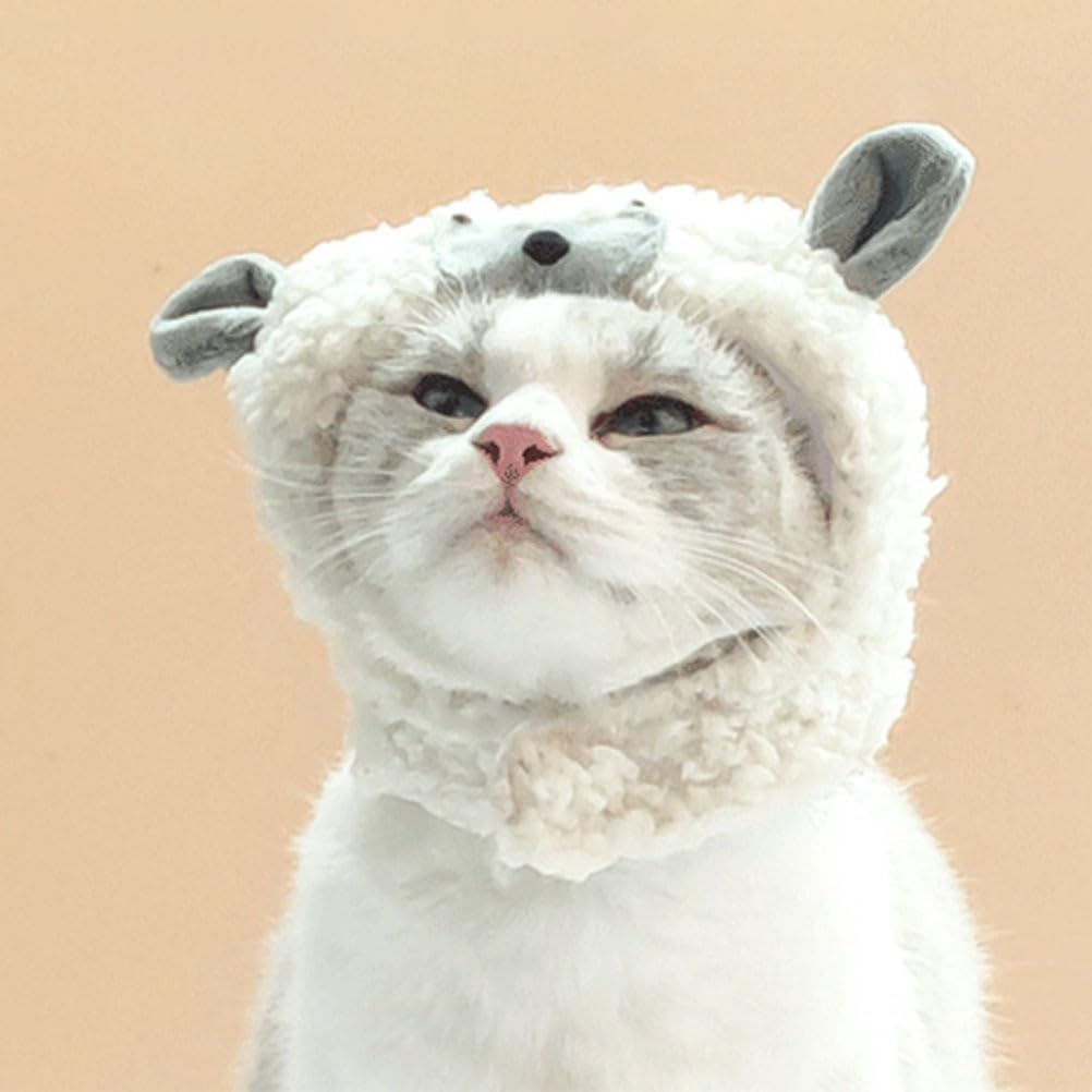 POPETPOP Soft Cotton Cat Lamb Hat: Adjustable Cute Sheep Hat for Small Dogs and Cats - Plush Pet Costume for Halloween, Christma