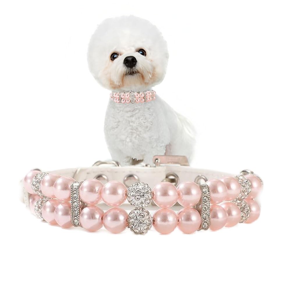 Pink Pearl Xs Dog Collars, Pearl Cat Collar, Pu Leather Female Dogs Necklace With Crystal Diamond Rhinestone Jewlled For Kitten 