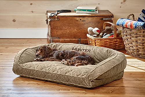 Orvis Comfortfill-Eco Bolster Dog Bed - Plush Rectangular Dog Beds With Three-Sided Bolster For Leaning, Brown Tweed - Large