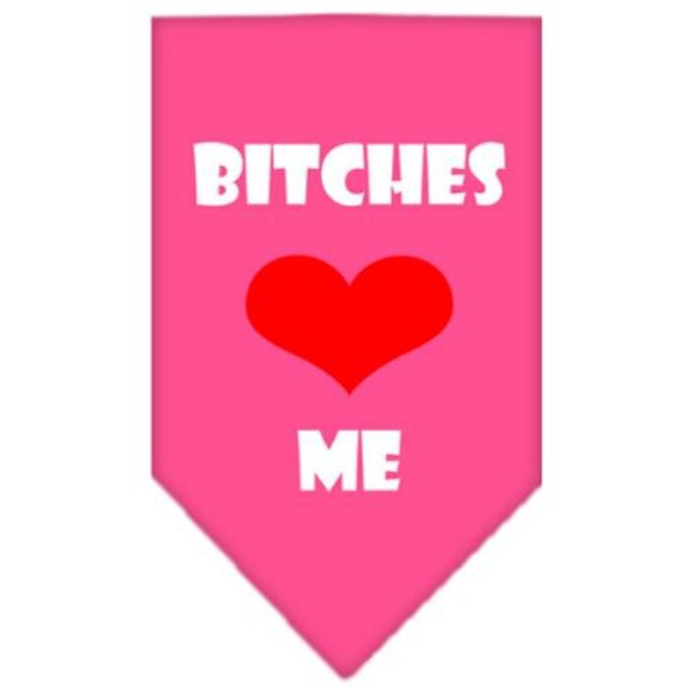 Pet and Dog Bandana Screen Printed, &quot;Bitches Love Me&quot; Bright Pink Small