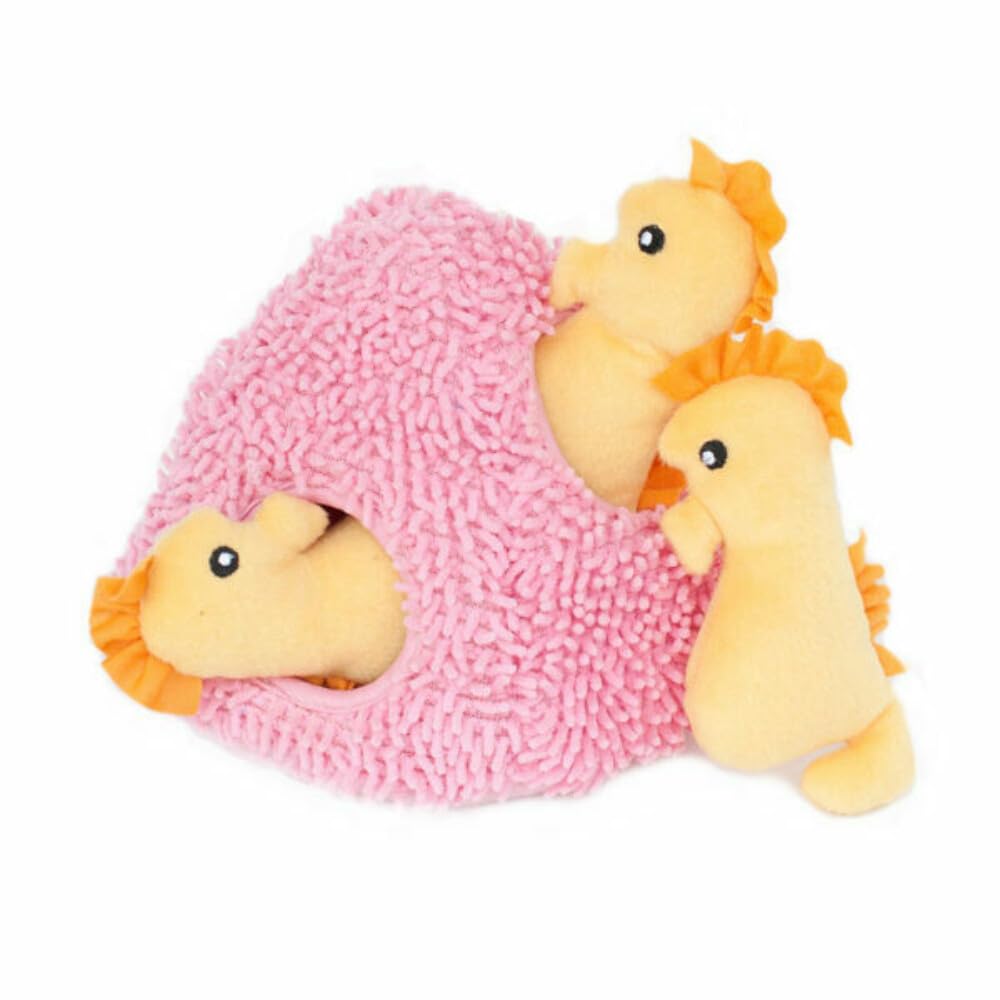 ZippyPaws - Sea Buddies Burrow, Interactive Squeaky Hide and Seek Plush Dog Toy - Seahorse n Coral