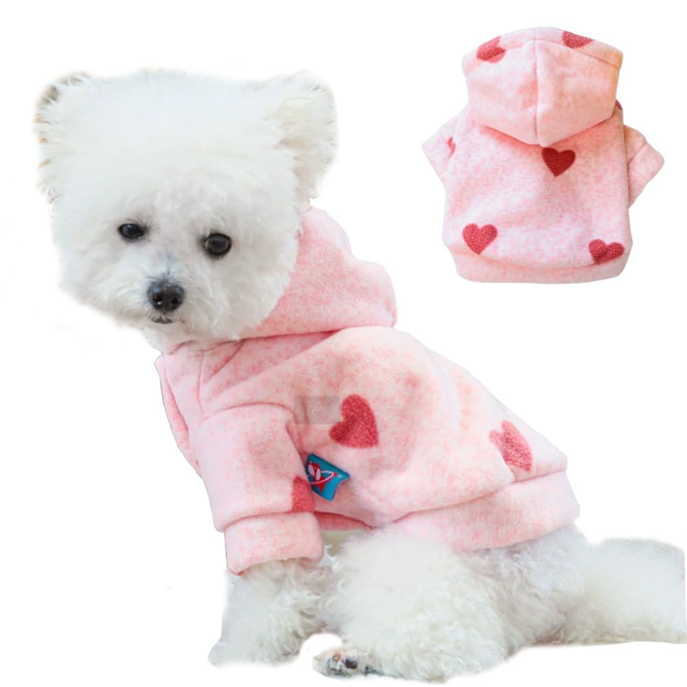 Aniac Pink Dog Hoodies For Small Dog Valentines Day Puppy Clothes With Leash Ring Cute Heart Pattern Cat Sweater Hooded Pet Swea