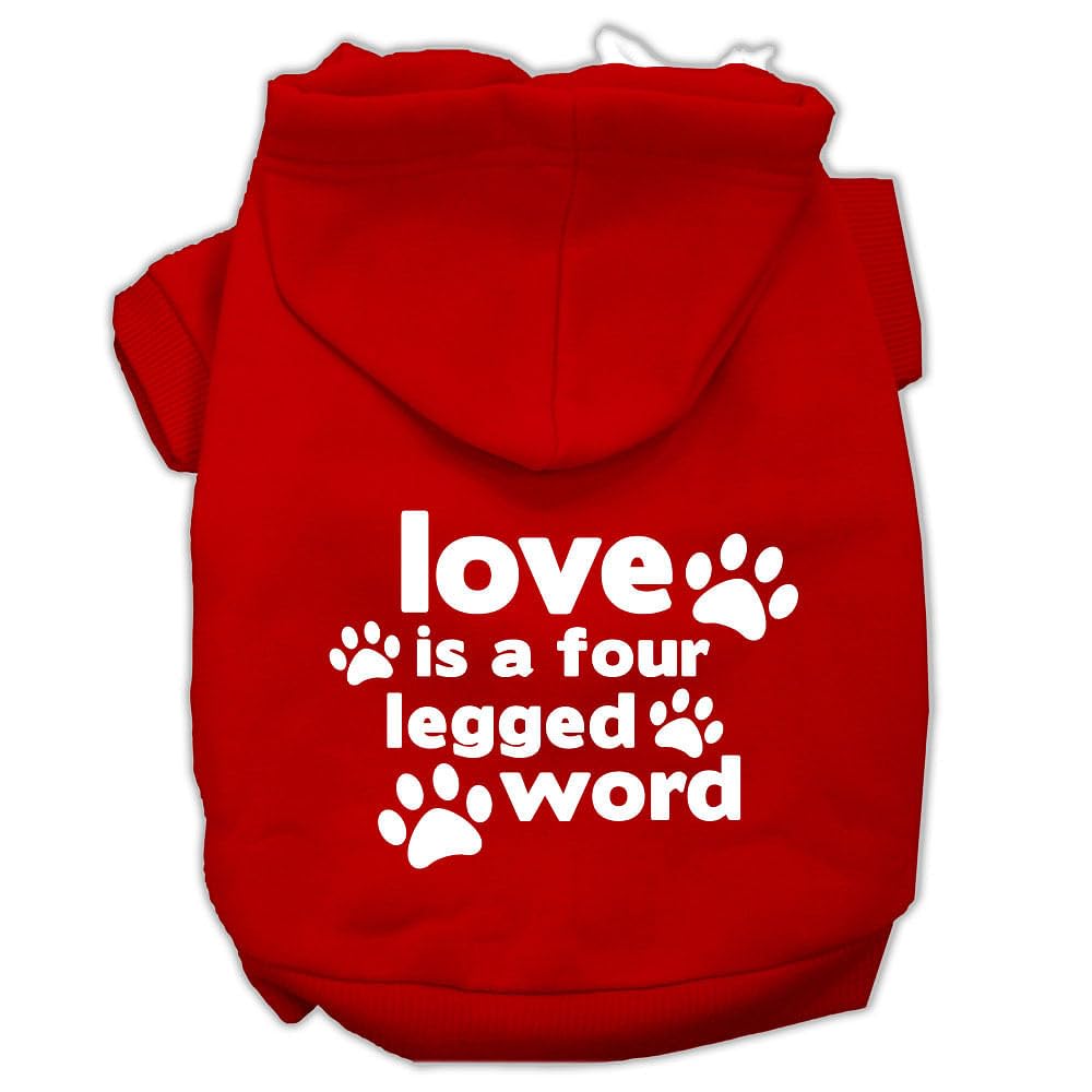 Pet Dog & Cat Hoodie Screen Printed, 'Love Is A Four Legged Word' Red Xs (0-3 Lbs.)