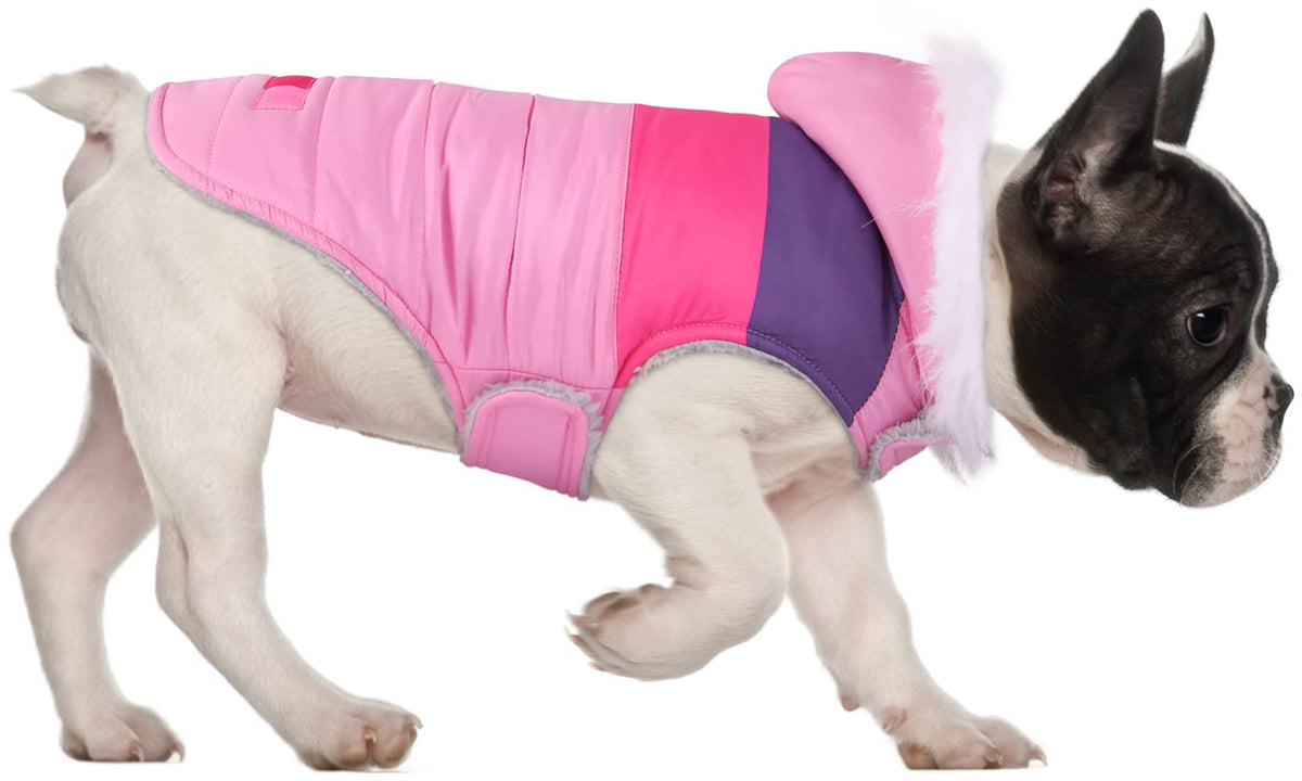 Hde Dog Puffer Jacket Fleece Lined Warm Dog Parka Winter Coat With Harness Hole Pink Stripe - M
