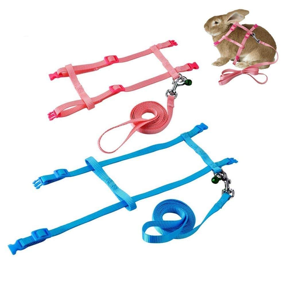 2 Pack Rabbit Harness Leash - Persuper Bunny Cat Leash Adjustable Soft Nylon Small Animal Harness Set For Walking Running Outdoor Use With Safe Bell For Puppy Dog, Pig, Kitten, Ferret, Mini Pet