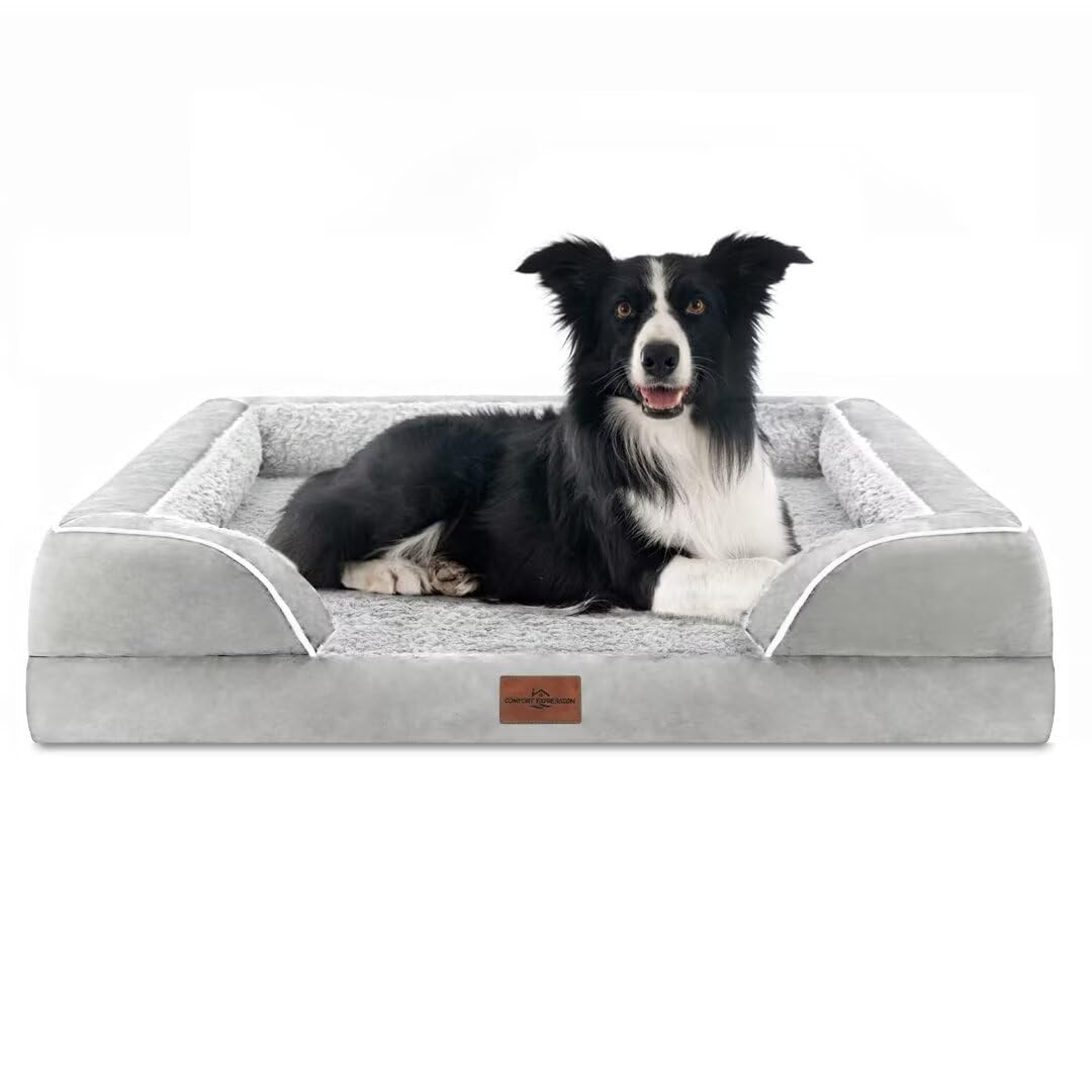 Comfort Expression Large Dog Beds Orthopedic Foam, Waterproof Dog Beds For Large Dogs Sofa Comfy Pet Bed With Washable Removable Cover & Non-Slip Bottom(Large,Grey White)