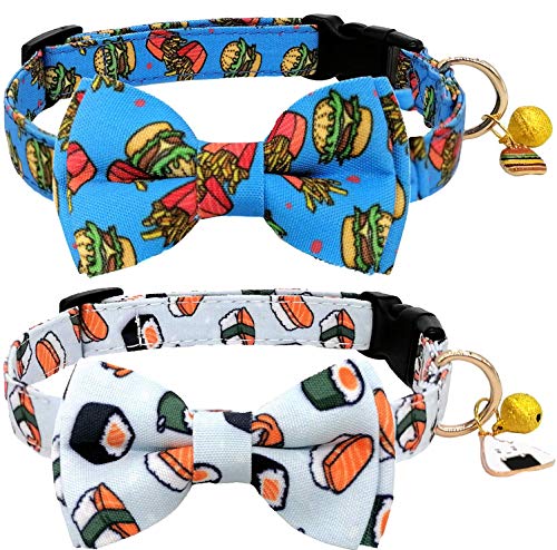 Kudes 2 Pack Print Dog Collars With Bow Tie, Adjustable Dog Collar With Bells And Charm Safety Buckle Cute Pet Collars For Small/Medium/Large Dogs And Cats Boys Girls (Hamburger+Sushi, M(12'-18'))