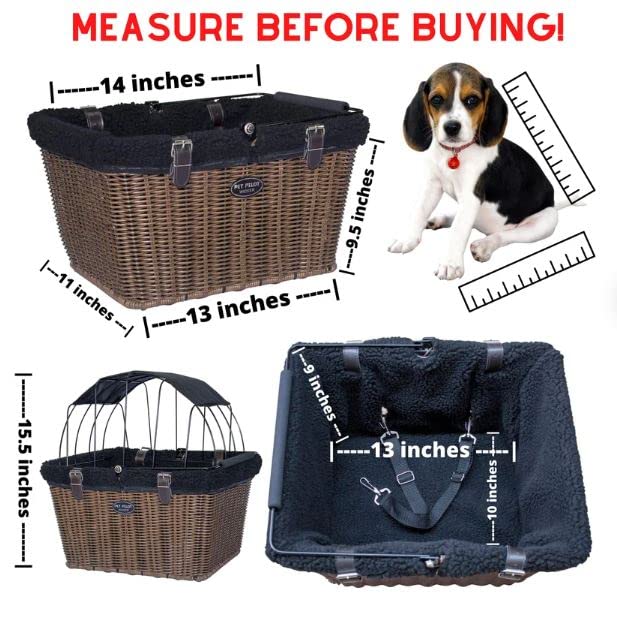Travelin K9 Pet-Pilot Max Wicker Bike Basket For Dogs/Cats - Includes Wire Cage Top W/Sun Shade + Plush Removable Padded Liner
