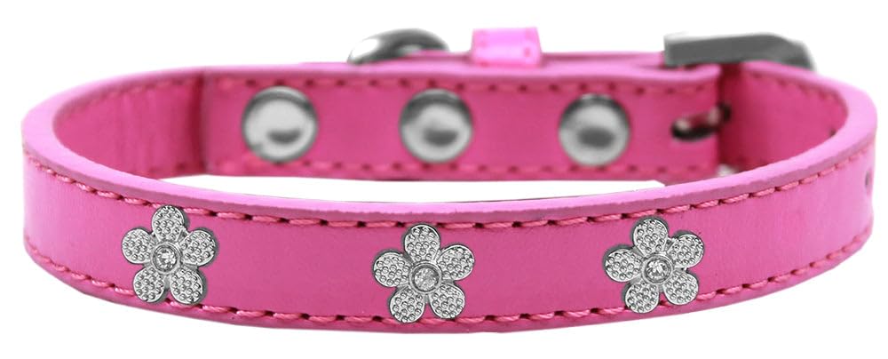 Dog, Puppy & Pet Widget Fashion Collar, Silver Flower Bright Pink 14