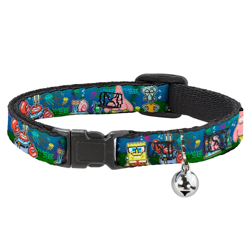 Nickelodeon Cat Collar, Breakaway Collar With Bell, Spongebob Friends 8 Bit Scene, 8.5 To 12 Inches 0.5 Inch Wide