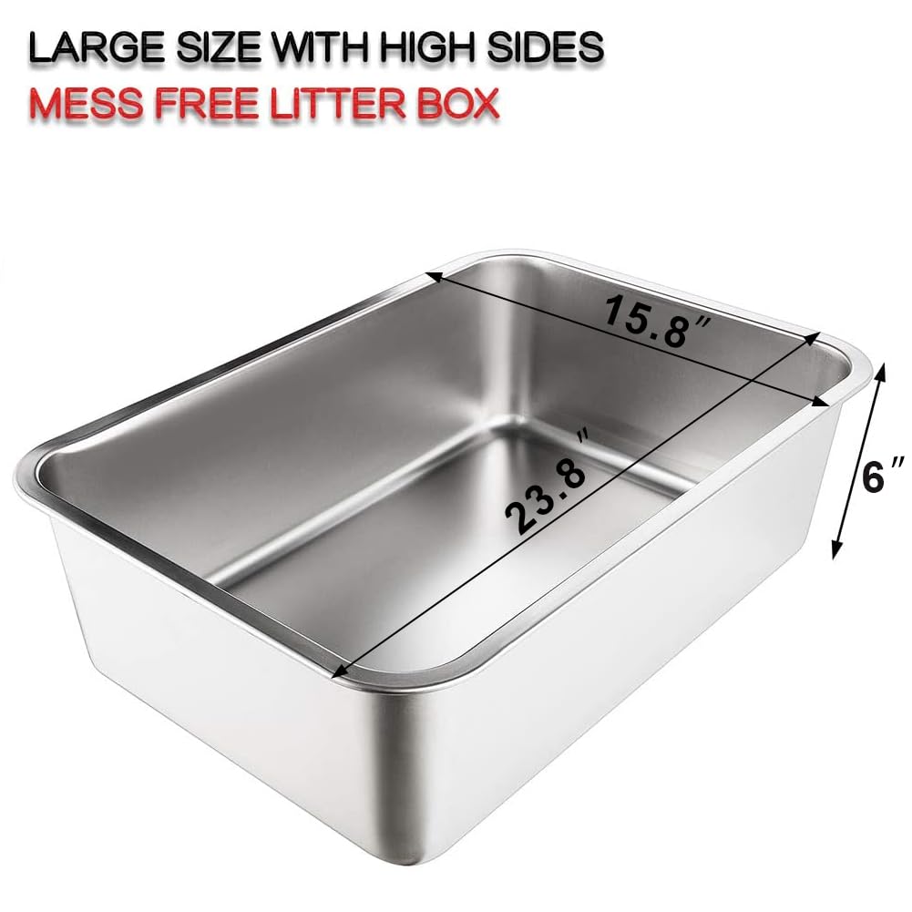Yangbaga Stainless Steel Litter Box For Cat And Rabbit, Odor Control Litter Pan, Non Stick, Easy To Clean, Rust Proof, Large Size With High Sides And Non Slip Rubber Feet