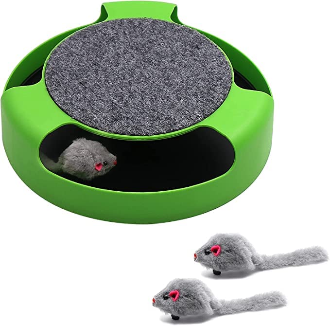 Pups&Pets Interactive Mouse Moving Catch Toy With Two Replaced Running Stuffed Mice And Spinning Scratching Pad Round Kitten Scr