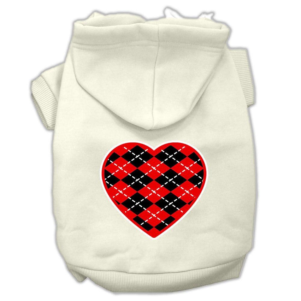 Pet Dog & Cat Hoodie Screen Printed, 'Red Argyle Heart' Cream Lg (10-14 Lbs.)