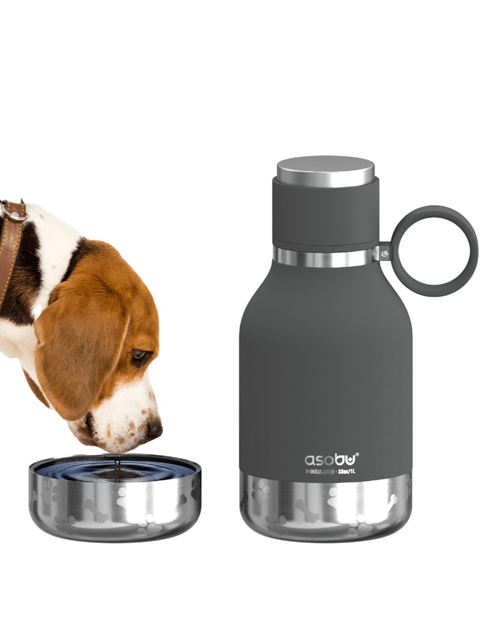 Asobu Dog Bowl Attached To Stainless Steel Insulated Travel Bottle For Human 37Oz/1.1 Liter With Detachable Dog Bowl (Smoke)