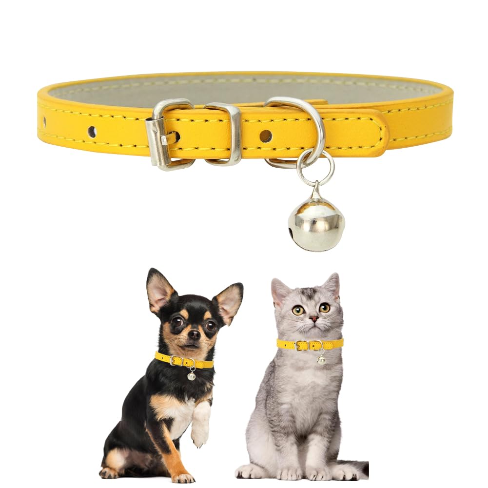 Gold Small Dog Collar With Bell,Kitten Collars With Bell,Soft Pu Leather Puppy Collar Boy Adjustable Buckle For Xxs Extra Small 
