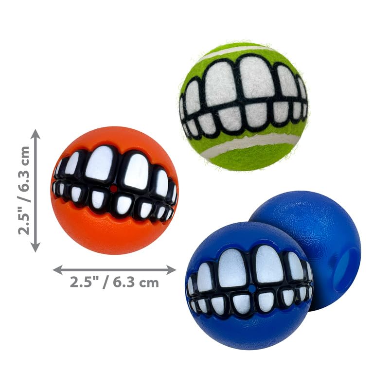 Kong Grinz By Rogz Variety Packs - Durable Bouncy Balls With Grinz Teeth (Medium 3 Pack)