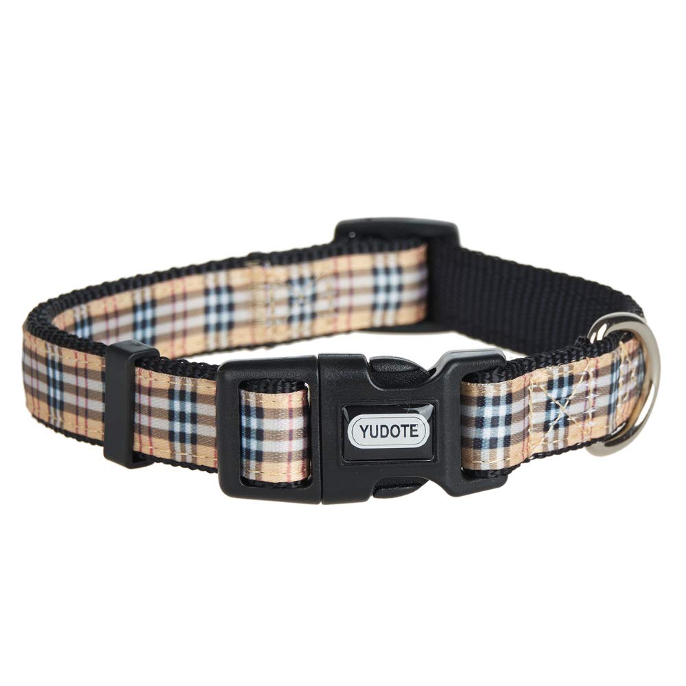 Yudote Dog Collar With Classic Beige Plaid, Durable Nylon Collar, Soft And Comfortable, Adjustable Collars For Dogs & Puppies, M