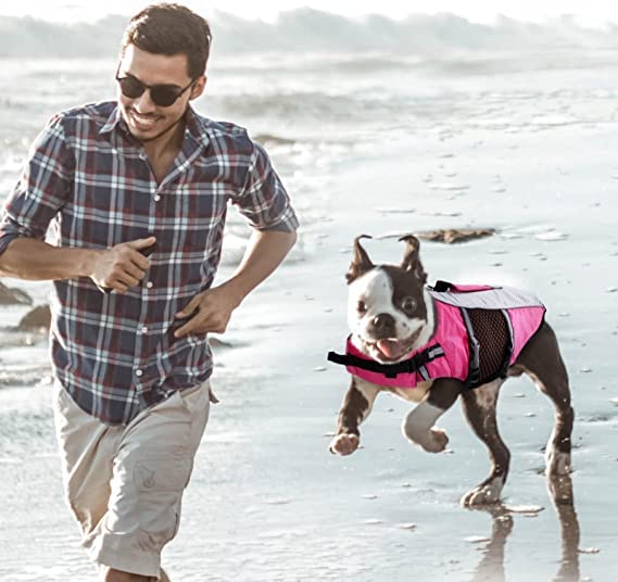 Dog Life Jacket Swimming Vest Lightweight High Reflective Pet Lifesaver With Lift Handle, Leash Ring Pink,S