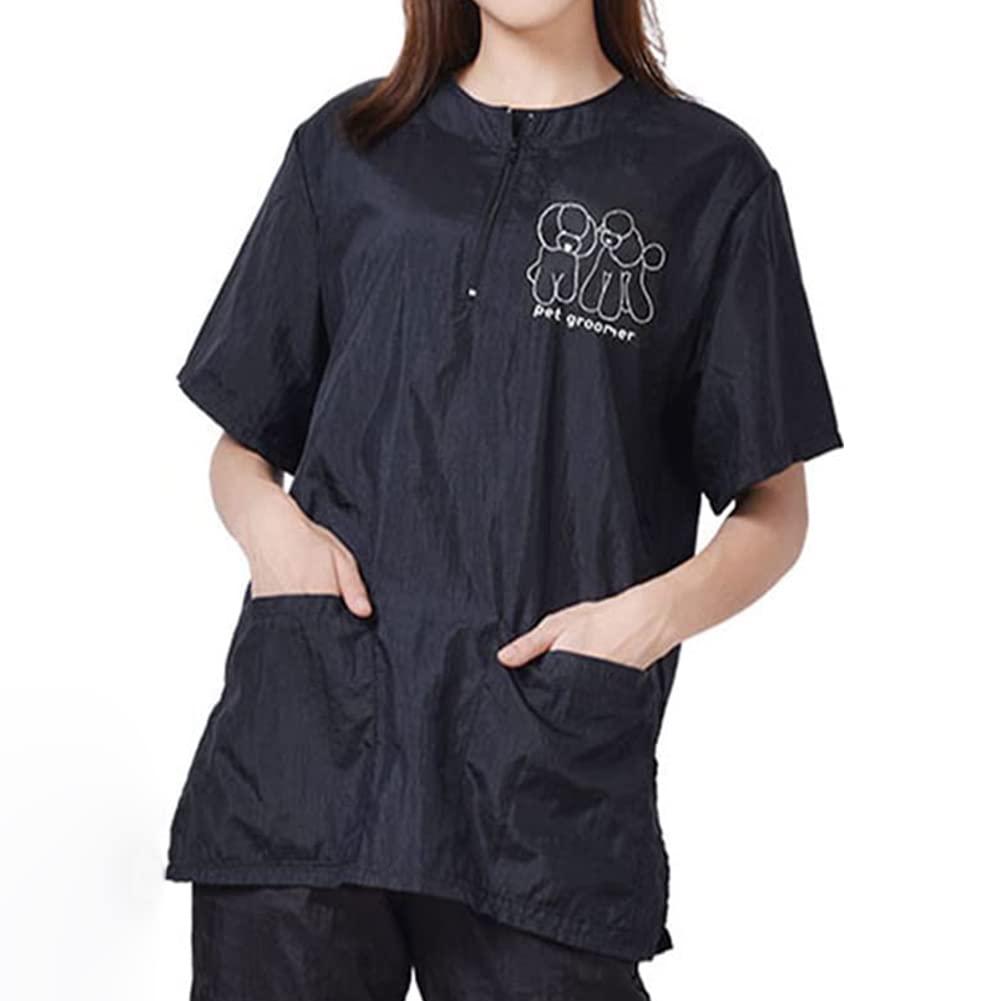 WAYUTO Short Sleeves Pet Grooming Smock with Zipper Dog Grooming Work Clothes with 2 Pockets Pet Grooming Shirt Dog Grooming Wor