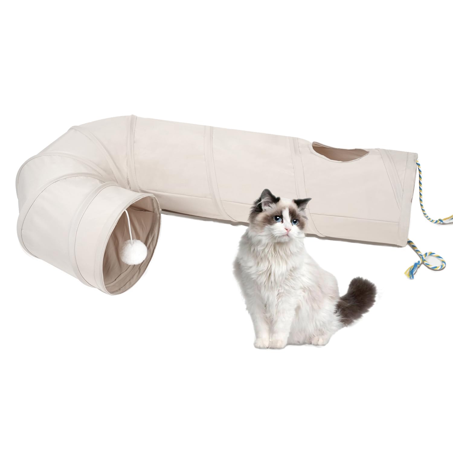 Cat Tunnel, 2-Way Collapsible Cat Tube with Interactive Peek-A-Boo Hole, Toy Ball, and Rope - Ideal for Indoor Cats, Kittens, an