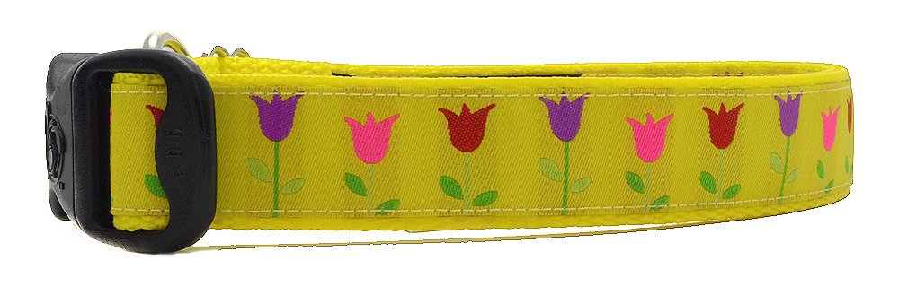 3 Dirty Dawgz Adjustable 1'' Yellow Flower Spring Tulips Dog Collars For Medium Large And X-Large Dogs (Medium 1'' (14''-22'' Ne