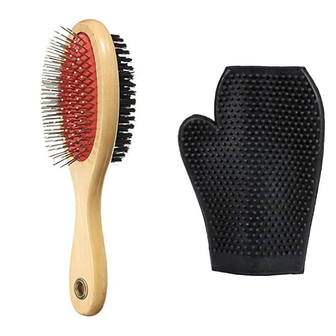 Pet Believe 2 in 1 Wooden Double Sided Grooming Rake Hair Removing Brush with Grooming Bathing Gloves for Dogs and Cats