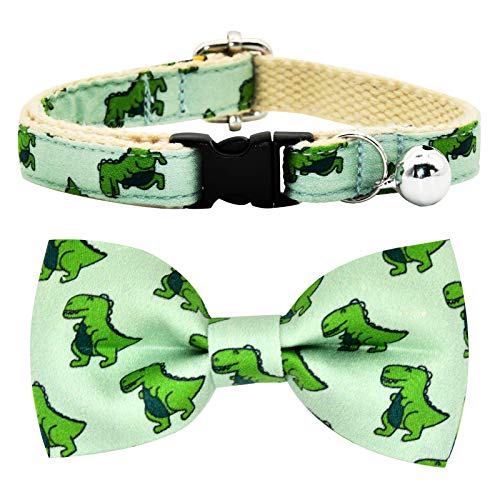 Dinosaur Cat Breakaway Collar Bow Tie With Bell, Safety Buckle Collar Bowtie For Cats