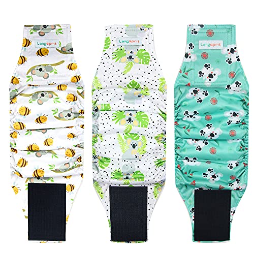 Langsprit Male Belly Bands for Dogs (Pack of 3) - High Absorbing Dog Wraps Male Washable - Reusable Male Dog Diapers (Koala, X-S