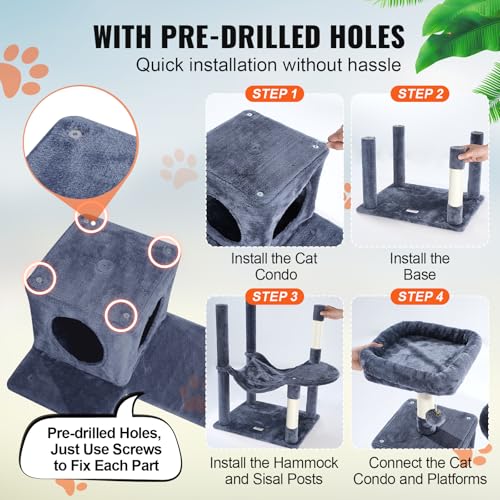 VEVOR Cat Tree 56.2 Cat Tower with Cat Condo Sisal Scratching Post Dark Grey