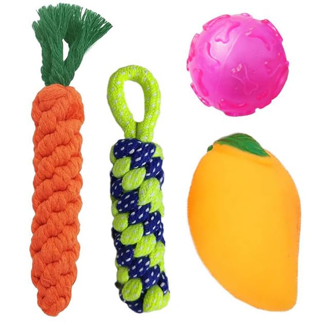 PAWISE Dog Chew Toy Dog Cotton and Rubber Toy Dog Squeak Toy Dog Mango Shape Toy, Dog Carrot Rope Toy, Dog Toy Playing Teeth Cle