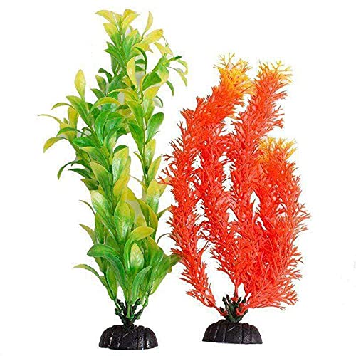 Aquatop Plastic Freshwater Aquarium Plants, 2-Pack Multi-Colored, Orange & Green, 10'' Tall