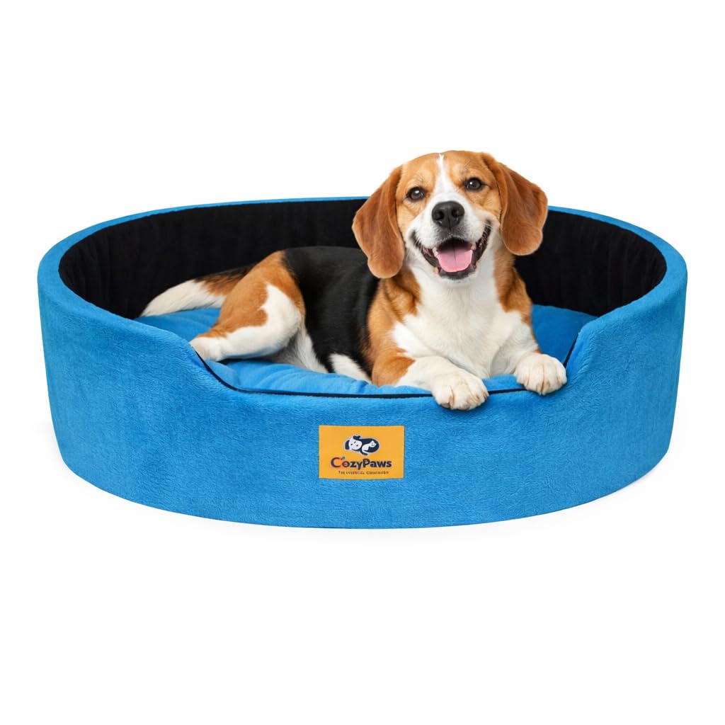 CozyPaws Velvet Pet Bed for Dog, Cat & Puppy, Premium Round Washable Dog Bed Sofa for Dogs and Cats (Blue, M)