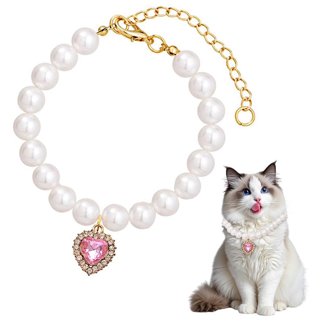 Qpets Jewelry Cat Collar, Pet Collar Jewelry Necklace With Pink Rhinestone Heart Charm Pearl, Adjustable Cat Collar ValentineS 