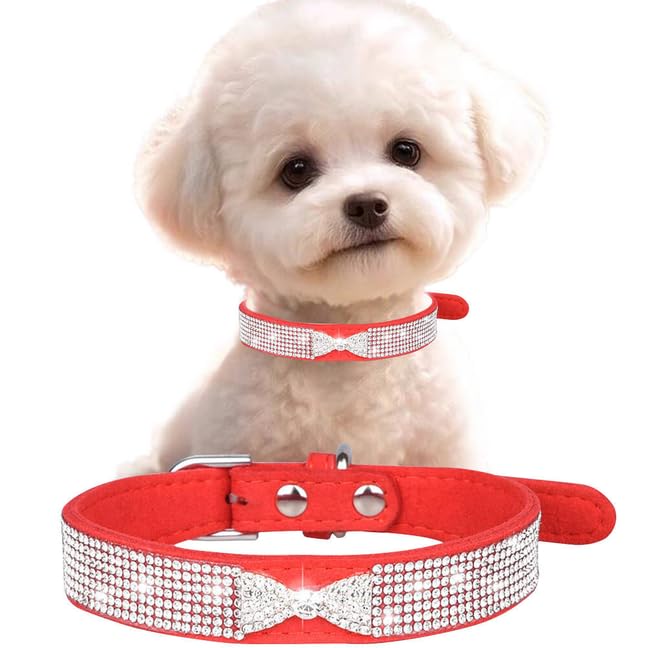 Red Sparkly Dog Collars For Female Dogs, Pretty Diamond Bow Rhinestone Dog Collars Glitter Jeweled Sparkly Bling Girl Dog Collar