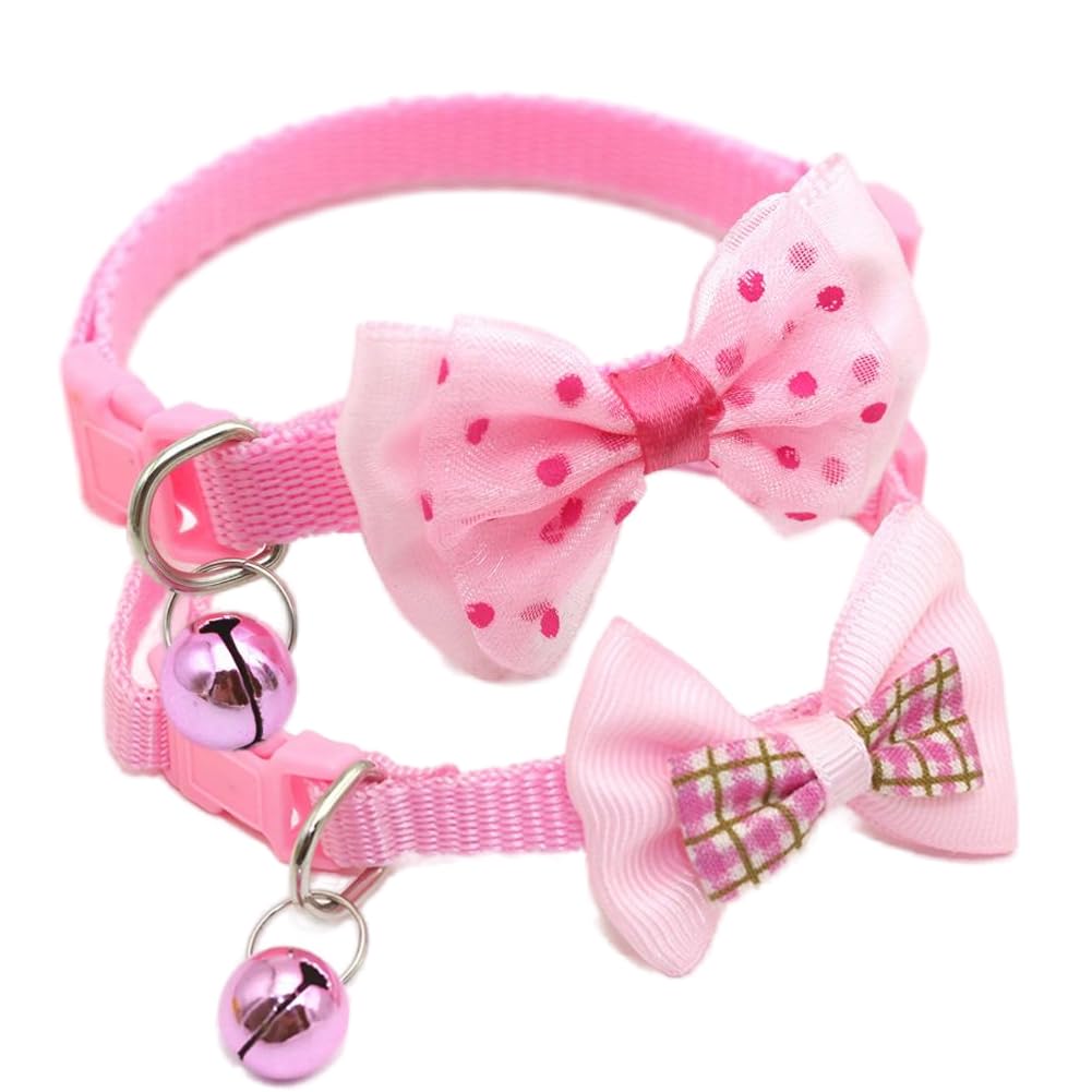Pink Dog Collar With Bell, 2-Pack Puppy Collar Cute Bow Tie Cat Collar Nylon Adjustable Buckle For Xs Xsmall Girl Pets Female Ki