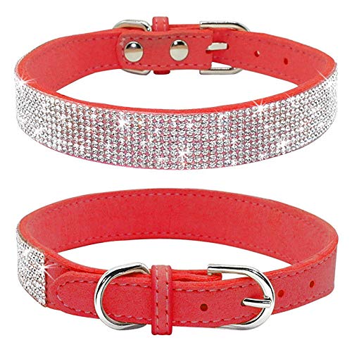 Haoyueer Rhinestone Dog Collar, Cute Dazzling Sparkling Soft Suede Leather Dog Cat Rhinestone Collar Crystal Diamond Pet Dog Puppy Collar(Red,L Fit Neck 38-46 Cm)