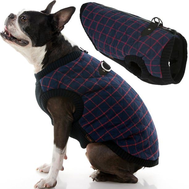Gooby Fashion Vest Check Dog Jacket - Navy Check, Small - Warm Zip Up Bomber Vest With Dual D Ring Leash - Winter Water Resistant Small Dog Sweater