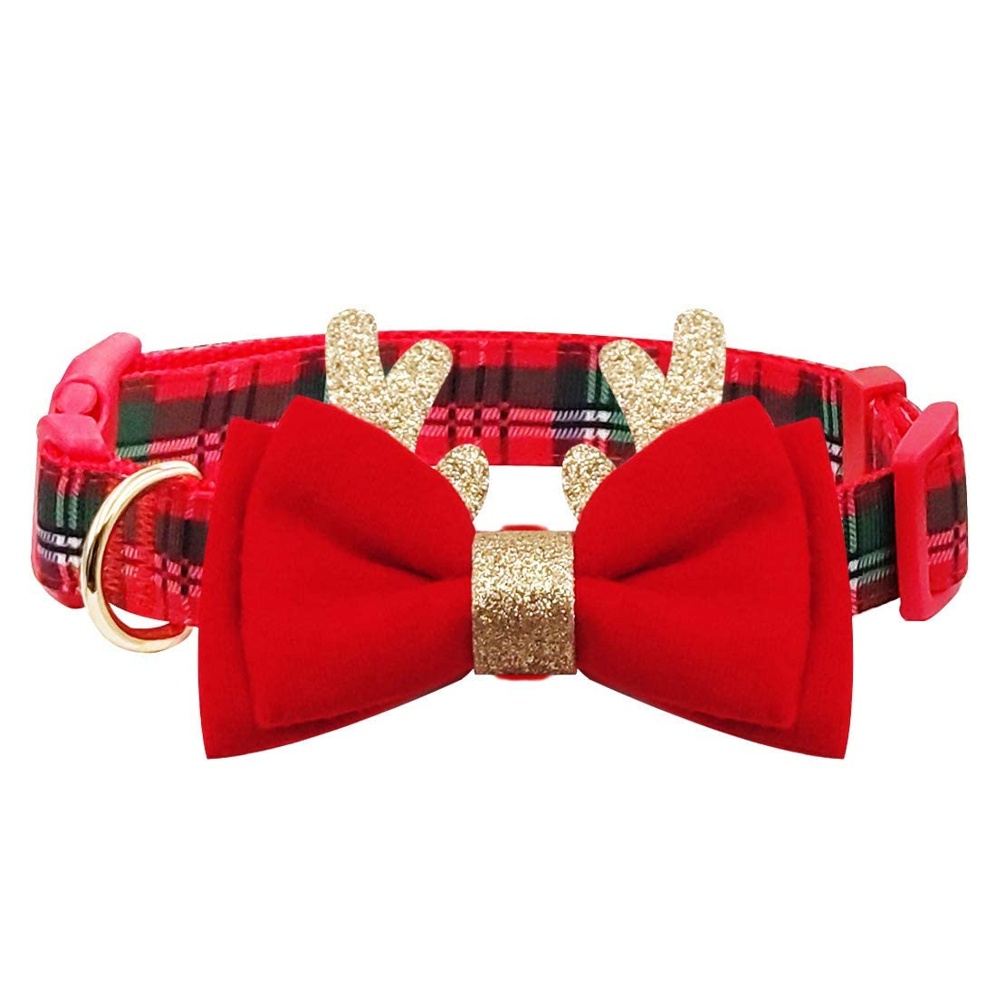 Azuza Christmas Dog Collar, Plaid Dog Collar And Cute Glitter Reindeer Antler With Bowtie, Soft & Comfy Xmas Dog Collars, For Sm