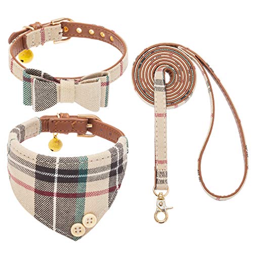 Expawlorer Dog Leash Set - Classic Plaid Dog Bow Tie And Dog Bandana Collar With Bell, Tangle Free, Adjustable Collars For Small