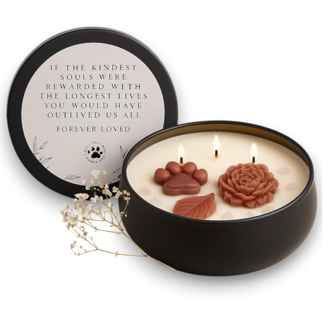 Paw Print Pet Loss Candle - Loss Of Dog Sympathy Gift, Bereavement Gifts For Dogs With Rose Quartz Stones, Clementine, Jasmine, 