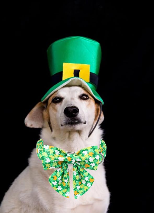 Unique Style Paws St. Patrick'S Day Dog Collar With Bow Clover Collar With Flower For Small Medium Large Boys Girls Dogs