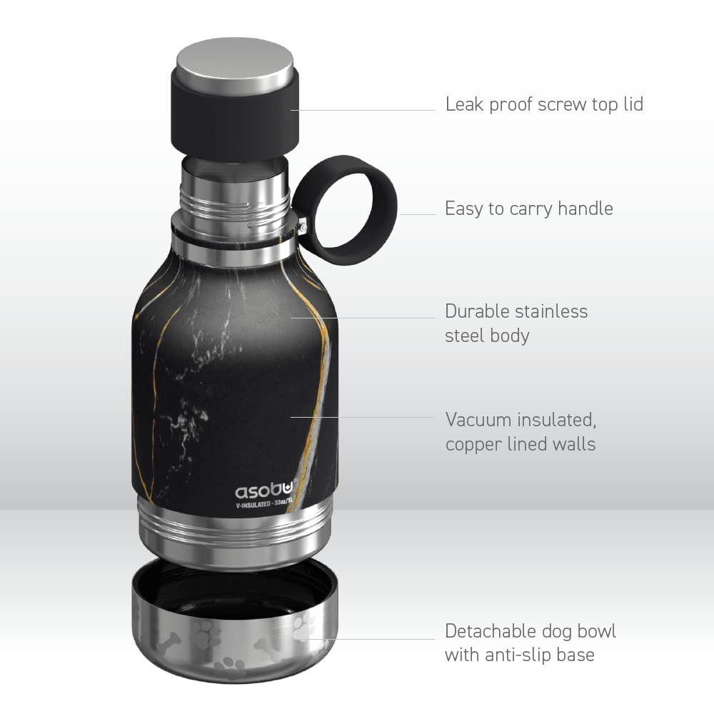 Asobu Dog Bowl Attached To Stainless Steel Insulated Travel Bottle For Human 37Oz/1.1 Liter With Detachable Dog Bowl (Midnight Marble)…