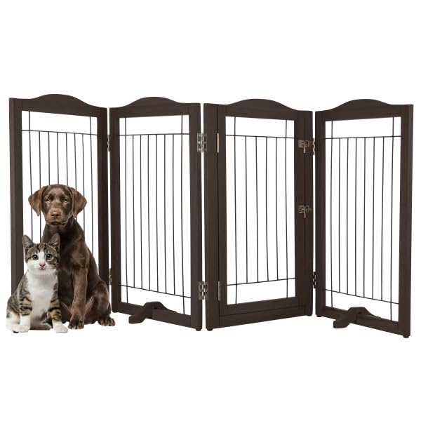 Freestanding Dog Gate - 4-Panel Foldable Indoor Pet Fence with Lockable Door and Support Feet - 80x32in Extra Wide Wood Dog Gate