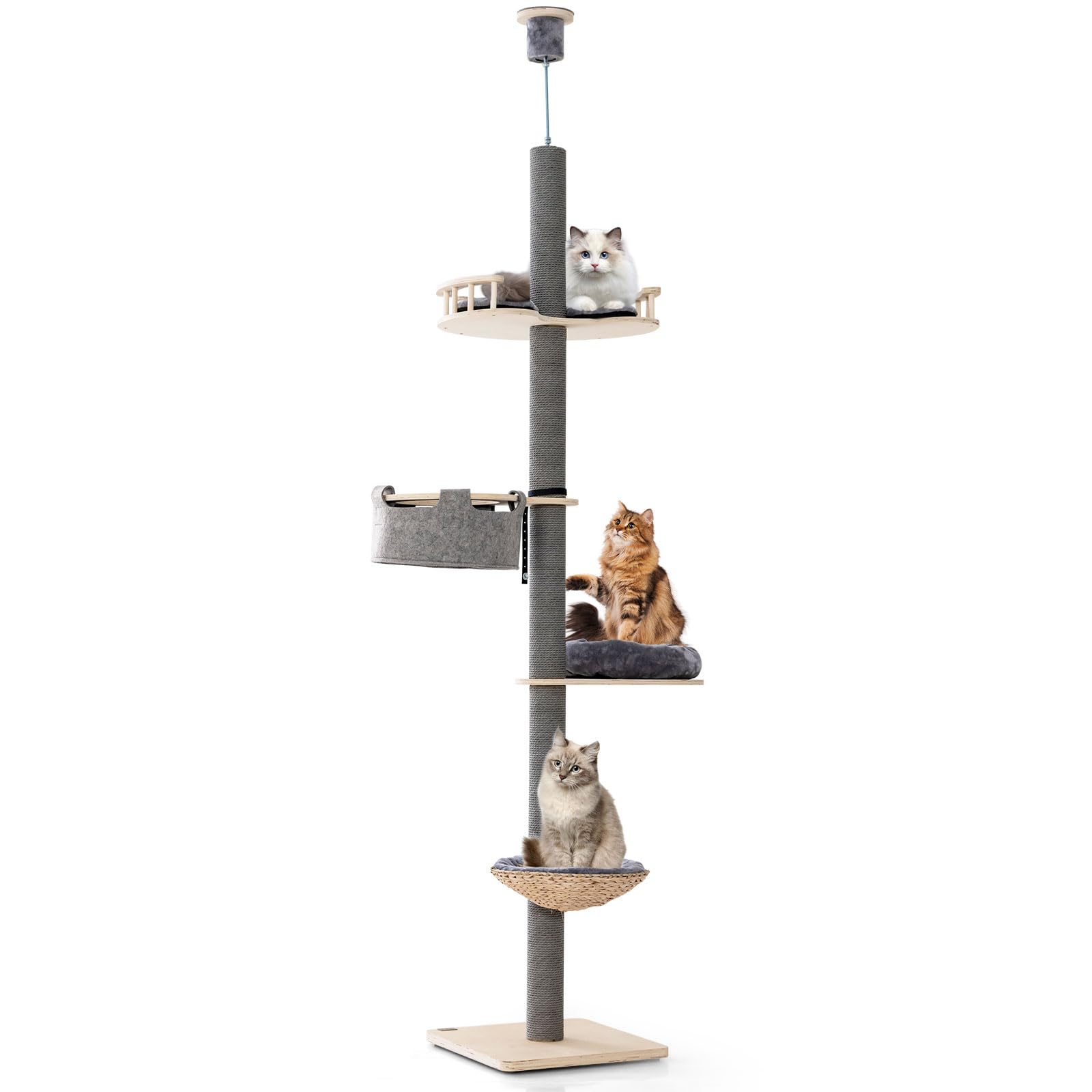 PETSITE Floor to Ceiling Cat Tree with 93   -107    Adjustable Height, 5-Tier Wooden Cat Climbing Pole with Scratching Post, Coz