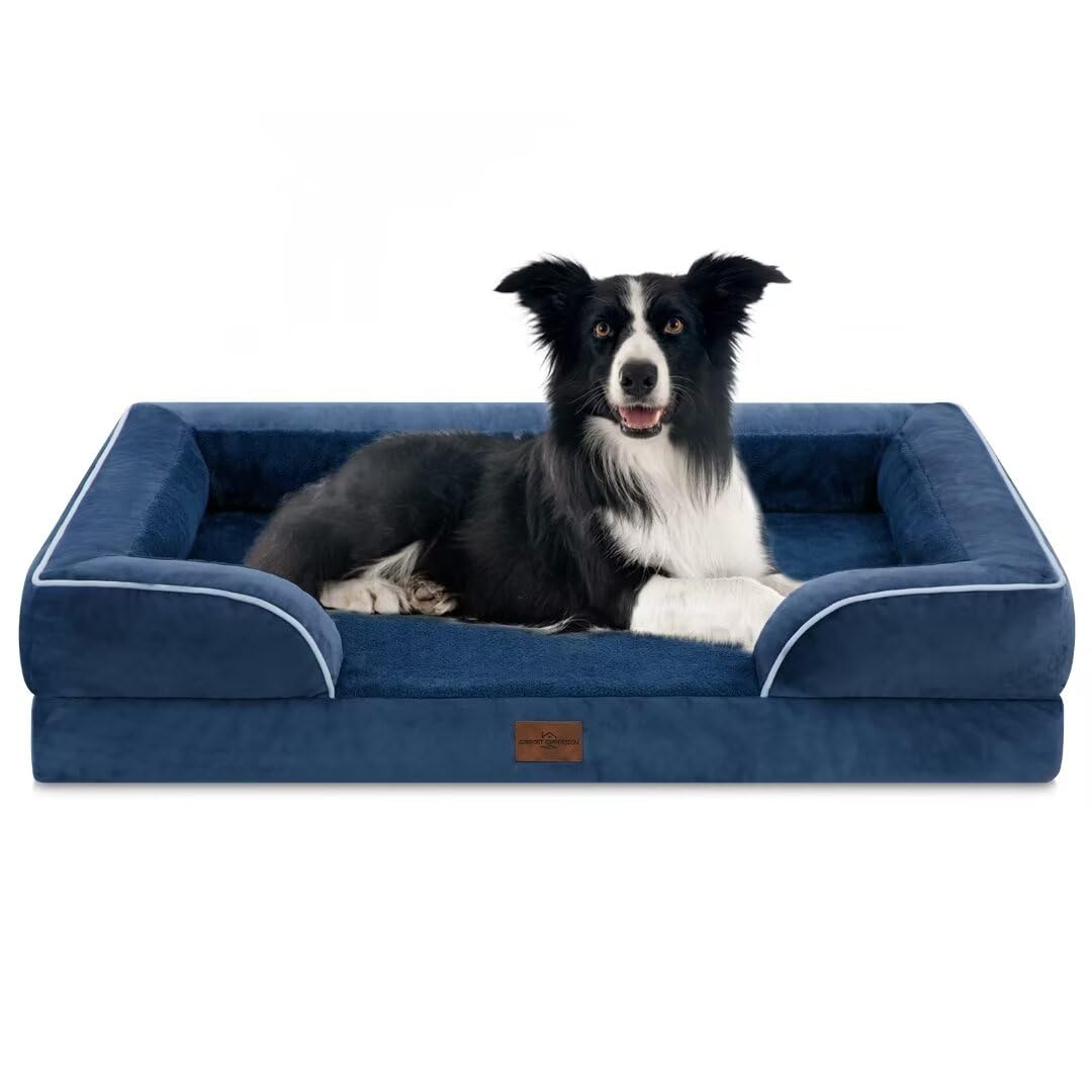 Comfort Expression Large Dog Bed - Waterproof Orthopedic Foam, 36"x27", Navy Blue, Washable Cover, Non-Slip Bottom